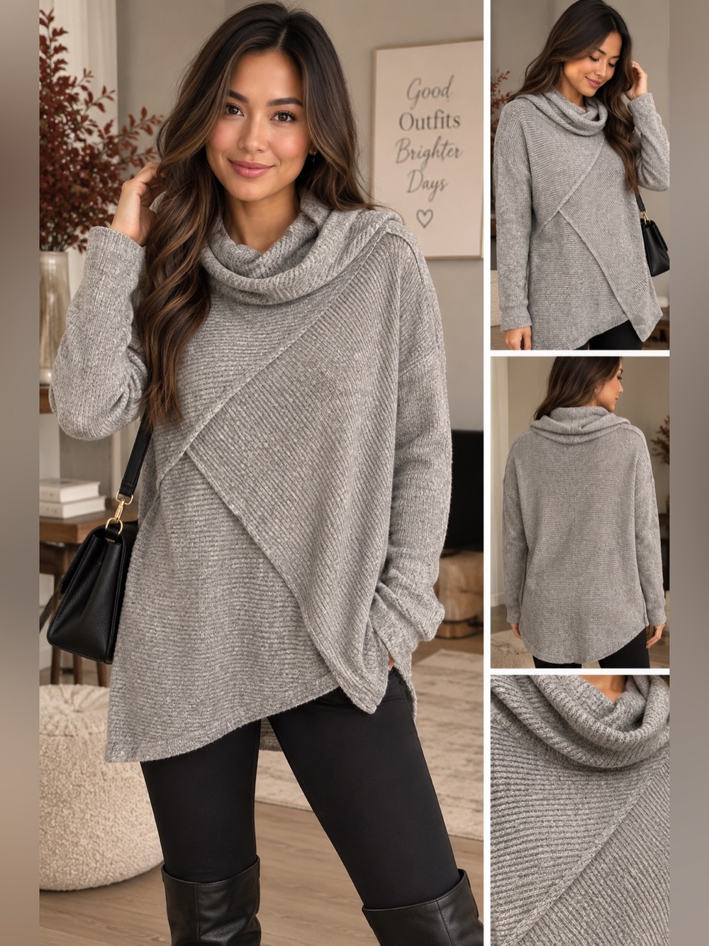 Retrology Cowl Neck Sweater Size M/M Grey Ribbed Asymmetric Hem